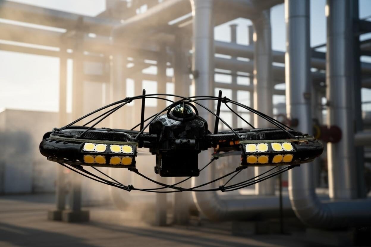 Drone inspecting pipework inside an industrial facility