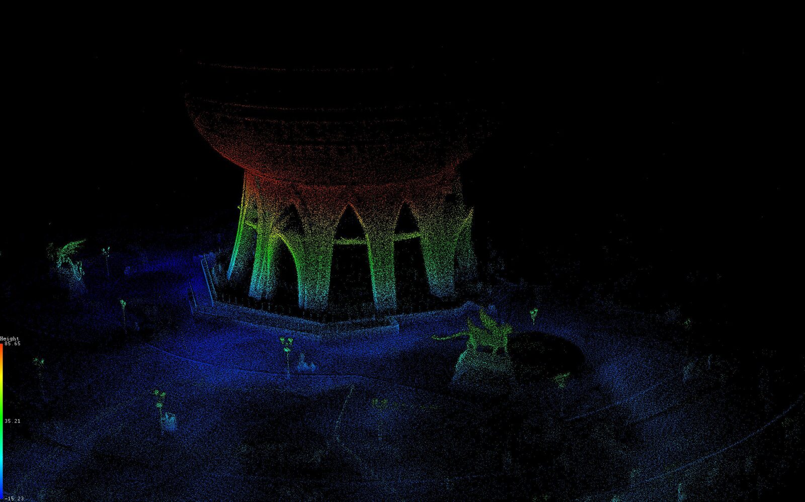 Real-time LiDAR point cloud of a tall industrial structure coloured by height