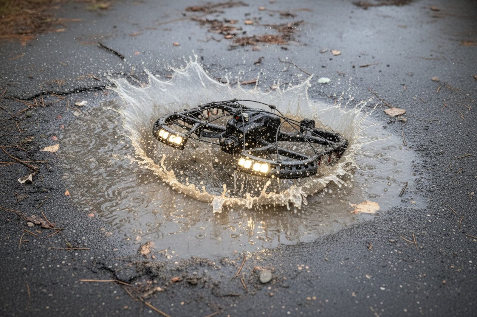 Drone landing on a wet, dusty surface